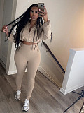 Women Long Sleeves Zipper Solid Color Crop Tops And Long Pants Leisure 2 Pieces Sets CH-24059