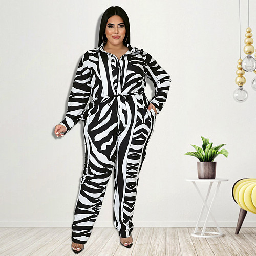 Plus Size Women Print Long Sleeves Turndown Collar Slim Jumpsuit RS-21855