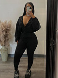 Women Solid Color Long Sleeves Zipper Bodycon Pants Leisure Sets CH-24047