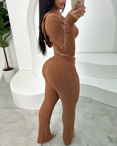 Women's Casual Solid Color Knitted Long Sleeve Hoodies Two-piece Set TR-1316