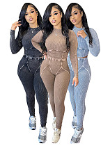 Women Solid Color Long Sleeves Round Neck Tops And Long Pants Casual Sets CH-24043