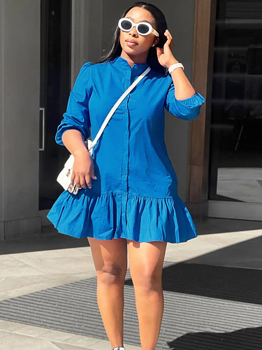 Blue Long Sleeves Buttons Flounced Women Short Dress SH-391242