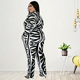 Plus Size Women Print Long Sleeves Turndown Collar Slim Jumpsuit RS-21855