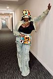 Stylish Sexy High-elastic Multi-pocket Washed Denim Women Two-piece Set NIYA-8182