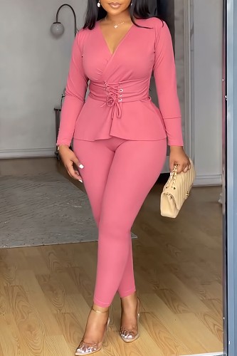 Elegant Lady Solid Color V Neck Strech Two Pieces Pants Sets NY-10913