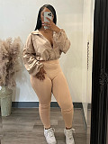 Women Solid Color Long Sleeves Zipper Bodycon Pants Leisure Sets CH-24047