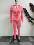 Elegant Lady Solid Color V Neck Strech Two Pieces Pants Sets NY-10913