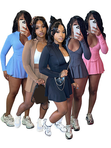 Casual Women Long Sleeves Zipper Tops And Flared Mini Skirts Suits CH-24029