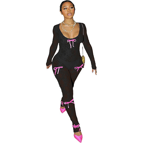 Women Sexy Transparent Lace Long Sleeves Bodycon Jumpsuit TK-6315