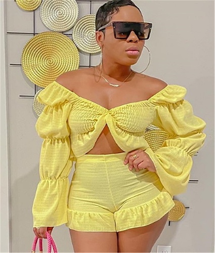 Off Shoulder Pleated Stacked Sleeve 2 Piece Shorts Set BN-9404