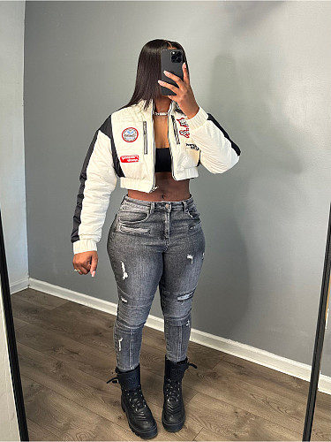 Women's Stretch Denim Fabric Ripped Motorcycle Wind Skinny Jeans CH-88002