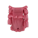 Off Shoulder Pleated Stacked Sleeve 2 Piece Shorts Set BN-9404