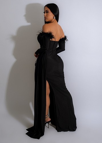 Sexy Strapless Feather Sleeves Split Long Dress Nightclub AIL-261