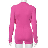 Rose Red Women Drap Collar Long Sleeves Package Hips Romper MXXB-D24RP351