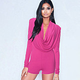 Rose Red Women Drap Collar Long Sleeves Package Hips Romper MXXB-D24RP351