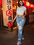 Trendy Girl Stretch Denim Fabric Kapok Printed Jeans CH-23123