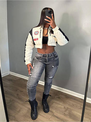Women's Stretch Denim Fabric Ripped Motorcycle Wind Skinny Jeans CH-88002