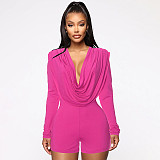 Rose Red Women Drap Collar Long Sleeves Package Hips Romper MXXB-D24RP351