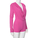 Rose Red Women Drap Collar Long Sleeves Package Hips Romper MXXB-D24RP351