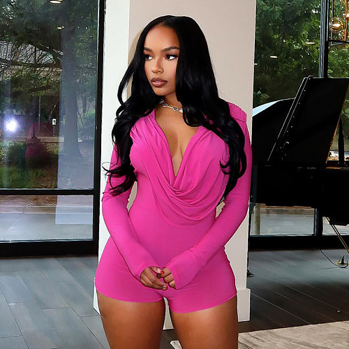 Rose Red Women Drap Collar Long Sleeves Package Hips Romper MXXB-D24RP351