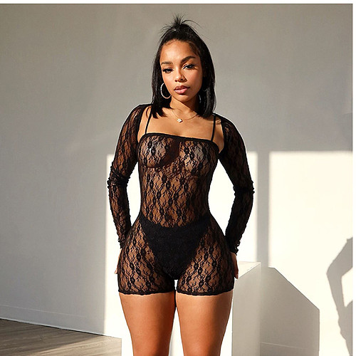 Black Lace Hollow-out Long Sleeves Straps Women Sexy Romper MXXB-K24RP292