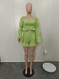 Off Shoulder Pleated Stacked Sleeve 2 Piece Shorts Set BN-9404
