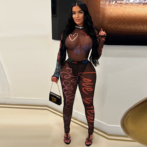 Sexy Print Transparent Mesh Bodysuit And Long Pants Suits YNS-2629