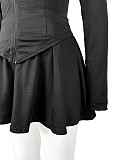 Casual Women Long Sleeves Zipper Tops And Flared Mini Skirts Suits CH-24029