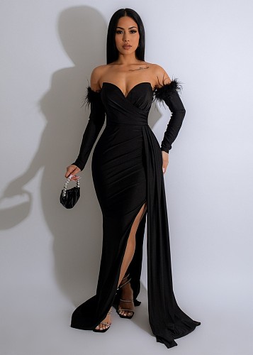 Sexy Strapless Feather Sleeves Split Long Dress Nightclub AIL-261