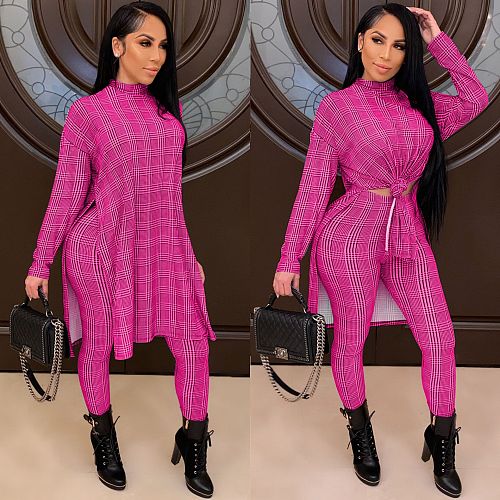 Grid Printed Turtleneck Long Sleeve T-shirt Leggings 2 Piece Set ZS-0378