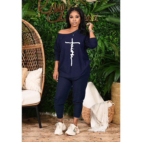 Letter Print O Neck T Shirt Casual Pants Set CN-0164