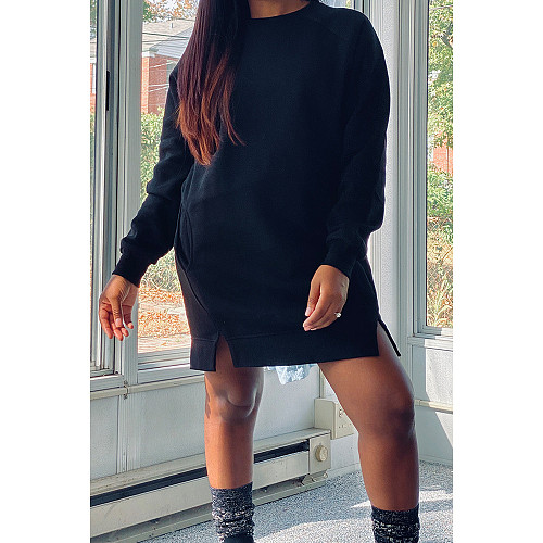 Hot Sale Long Sleeve O-Neck Solid Color Pockets Splice Dress CN-0071