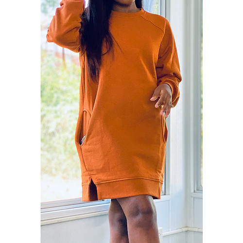 Hot Sale Long Sleeve O-Neck Solid Color Pockets Splice Dress CN-0071