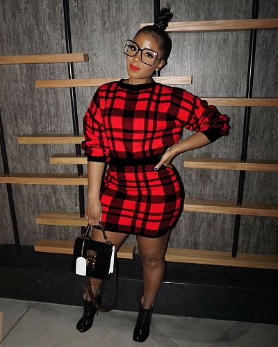 Winter Plaid Print Sweater Covered Hip Skirt Two-piece Set ZS-078