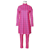 Grid Printed Turtleneck Long Sleeve T-shirt Leggings 2 Piece Set ZS-0378
