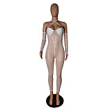 Mesh See Through Halter Jumpsuit With Gloves CN-0175