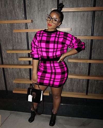 Winter Plaid Print Sweater Covered Hip Skirt Two-piece Set ZS-078