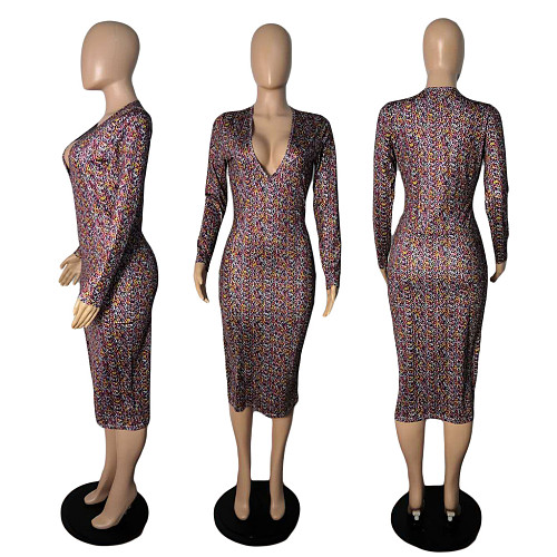 Autumn Elegant V-neck Long Sleeve Bodycon Dress CN-0072