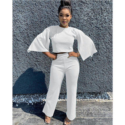 Solid-color Flared Sleeve Straight Pants Two-piece Set CN-0047