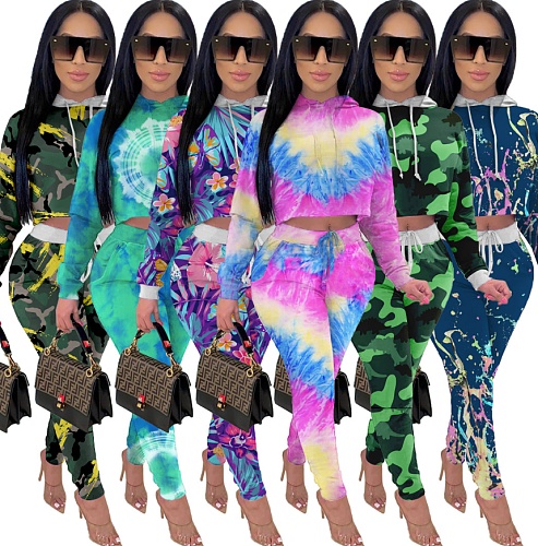 Women's Tie-dye Long Sleeve Hooded Casual 2 Piece Pants Set ZS-0315