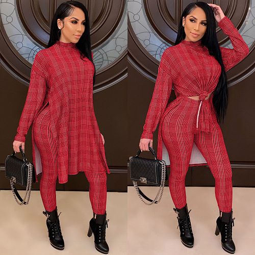 Grid Printed Turtleneck Long Sleeve T-shirt Leggings 2 Piece Set ZS-0378