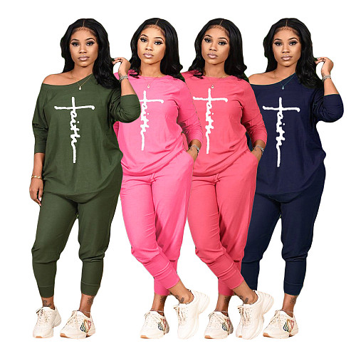 Letter Print O Neck T Shirt Casual Pants Set CN-0164