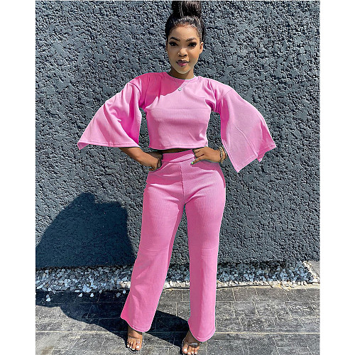 Solid-color Flared Sleeve Straight Pants Two-piece Set CN-0047