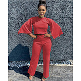 Solid-color Flared Sleeve Straight Pants Two-piece Set CN-0047