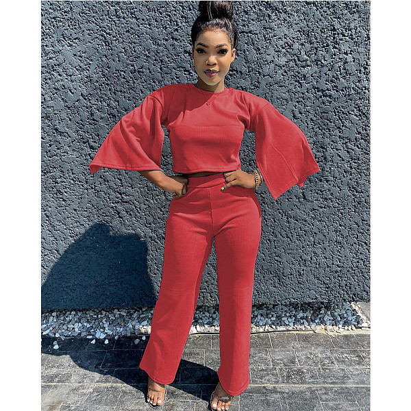 Solid-color Flared Sleeve Straight Pants Two-piece Set CN-0047