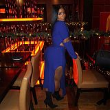 Irregular Mosaic Long-sleeved Sweater High Slit Skirt Set ZS-079