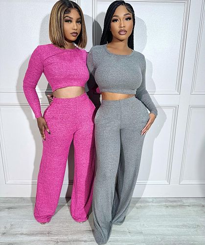 Solid Color Crop Top And Long Pants Casual Two-piece Set MOF-8935