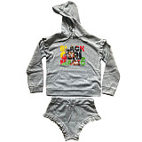 Women Gray Long Sleeves Hoodies And Shorts 2 Pieces Set MDF-5385