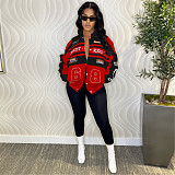 Vintage Women Long Sleeves Buttons Baseball Biker Jacket MDF-5382