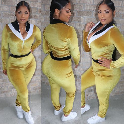 Leisure Women Velvet Patchwork Zipper Jumpsuit MOF-5125